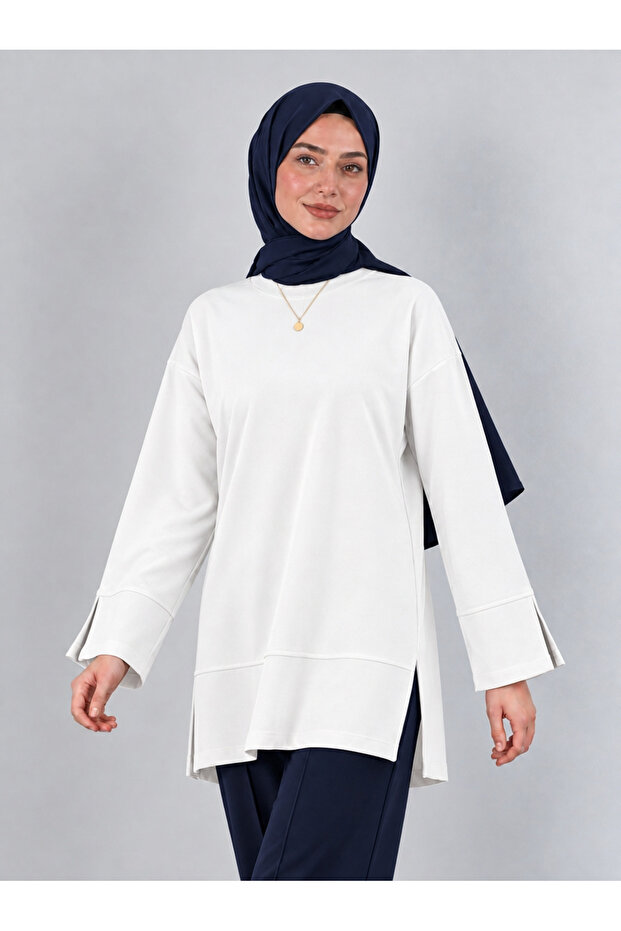 Women's White Oversize Modal Fabric Slit Detailed Crew Neck Hijab Tunic