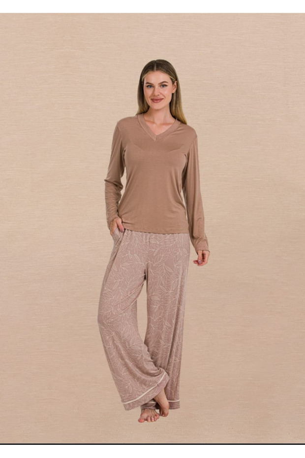 Beige V-Neck Patterned Pajama Set