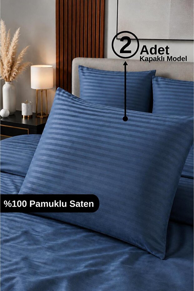 100% Cotton Satin Striped Pillowcase with Cover 2-Piece Luxury Hotel Quality | 50X70 Navy Blue