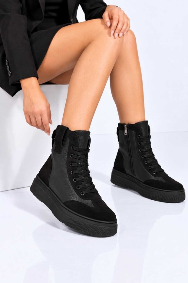 Lace-Up Zippered Genuine Leather Casual Boots 341-3034 Women's Boots