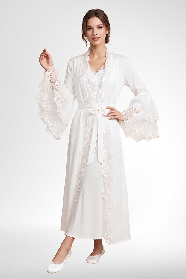 Mecit 6410 Ecru Women's Dressing Gown Nightgown Set