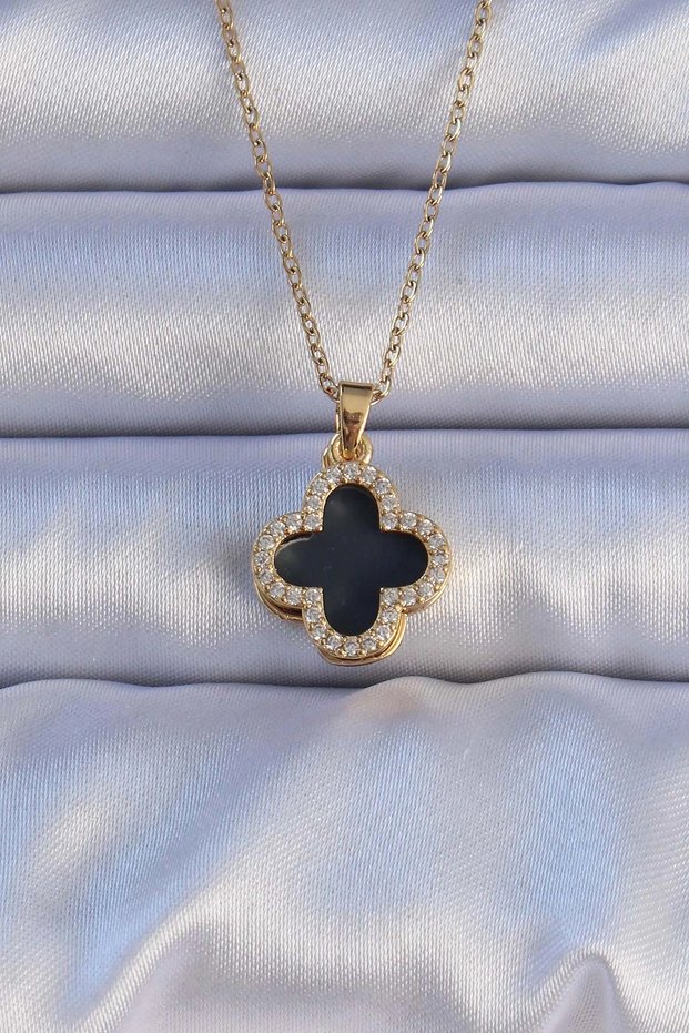 316L Steel Gold Color Black Enamel Zircon Stone Clover Figured Necklace Tj-Bko9198