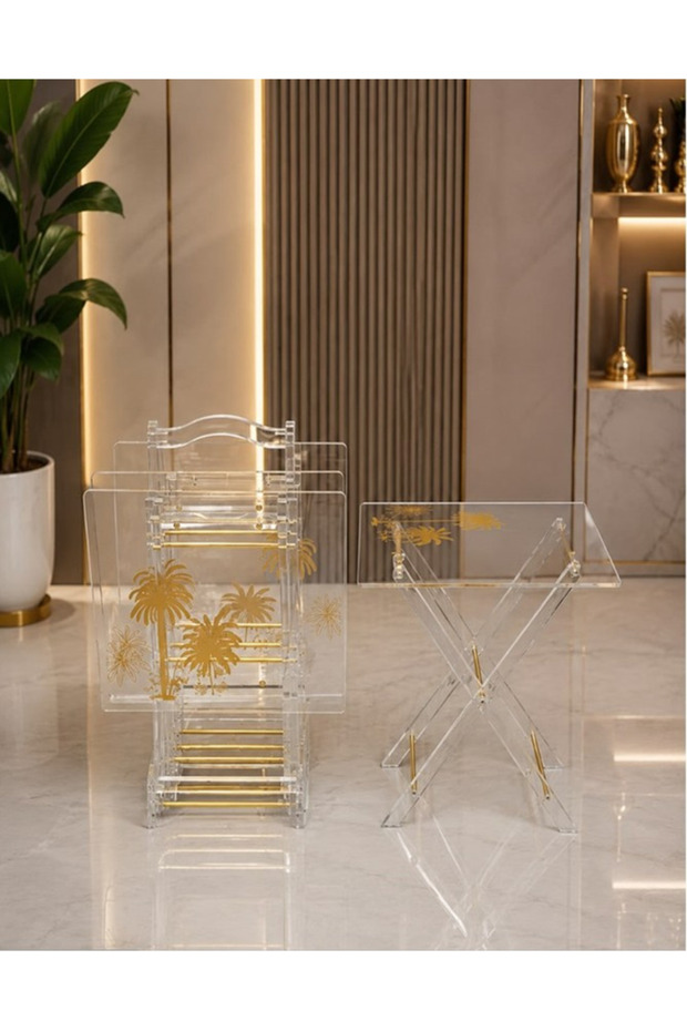 Transparent Acrylic Serving Table Set Gold Decorated Acrylic Serving Table