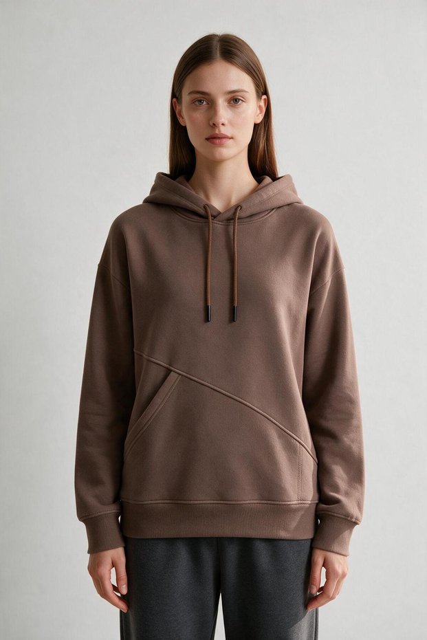 Women's Brown Hooded Sweatshirt with Side Pockets and 3-Thread Fleece Inside