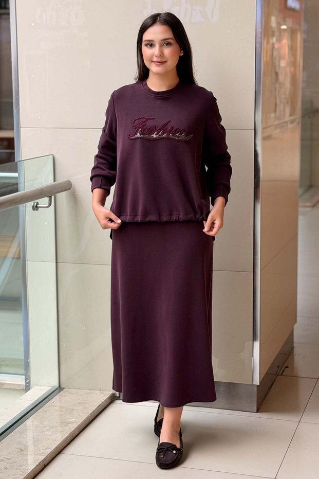 Fuat Gürşen Slogan Bead Detailed Short Front Long Back Tunic Skirt Set