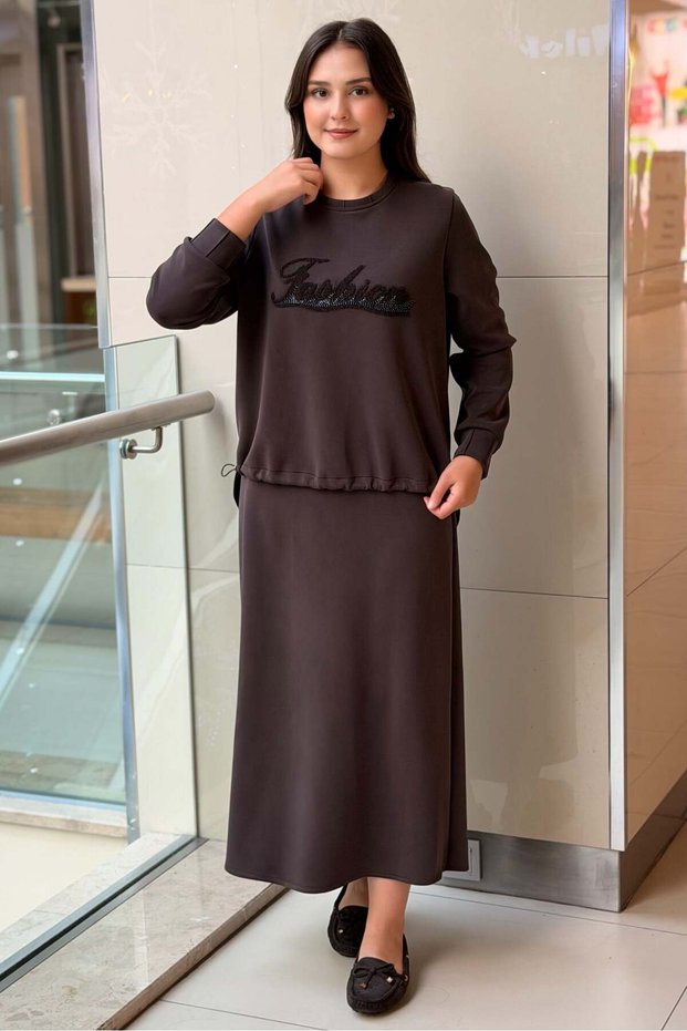 Fuat Gürşen Slogan Bead Detailed Short Front Long Back Tunic Skirt Set