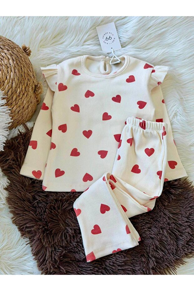 Girl's Red Heart Patterned Ribbed Bottom: Top Set