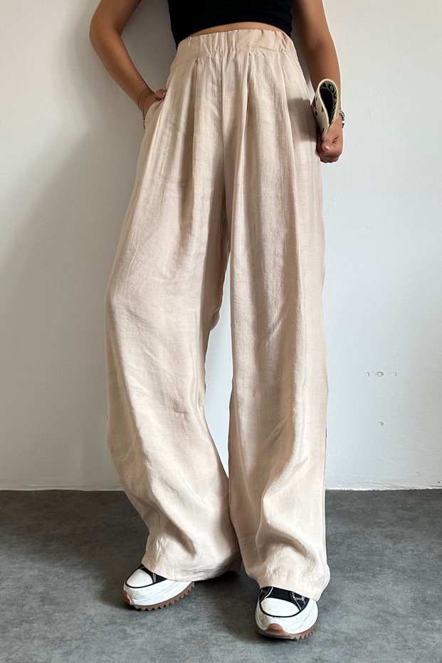 Women's Elastic Waist High Waist Parachute Fabric Palazzo Trousers 6013 Beige