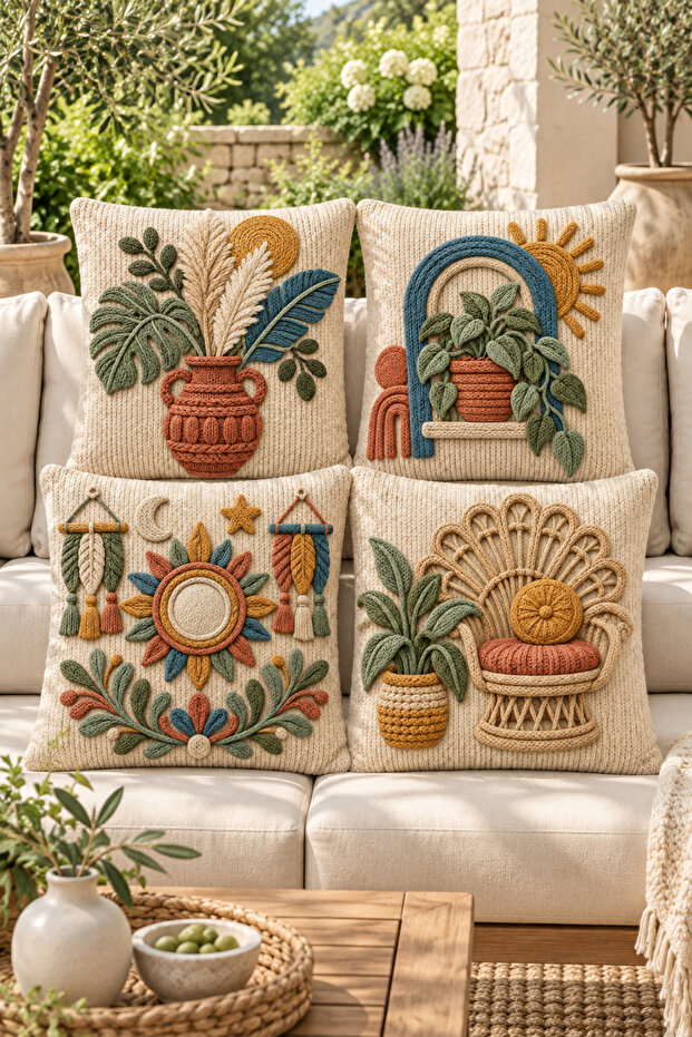 Bohemian Botanical Themed 3D Embroidery-Looking Digital Printed Decorative Throw Pillow Cover 43X43 cm – (Double Sided)
