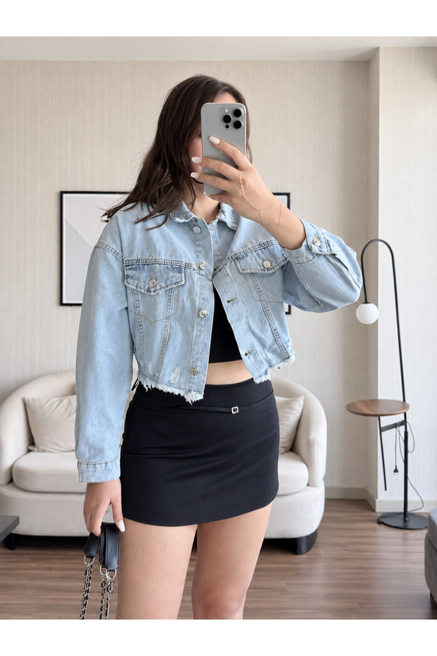 Blue Six-Rip Laser Crop Denim Jacket