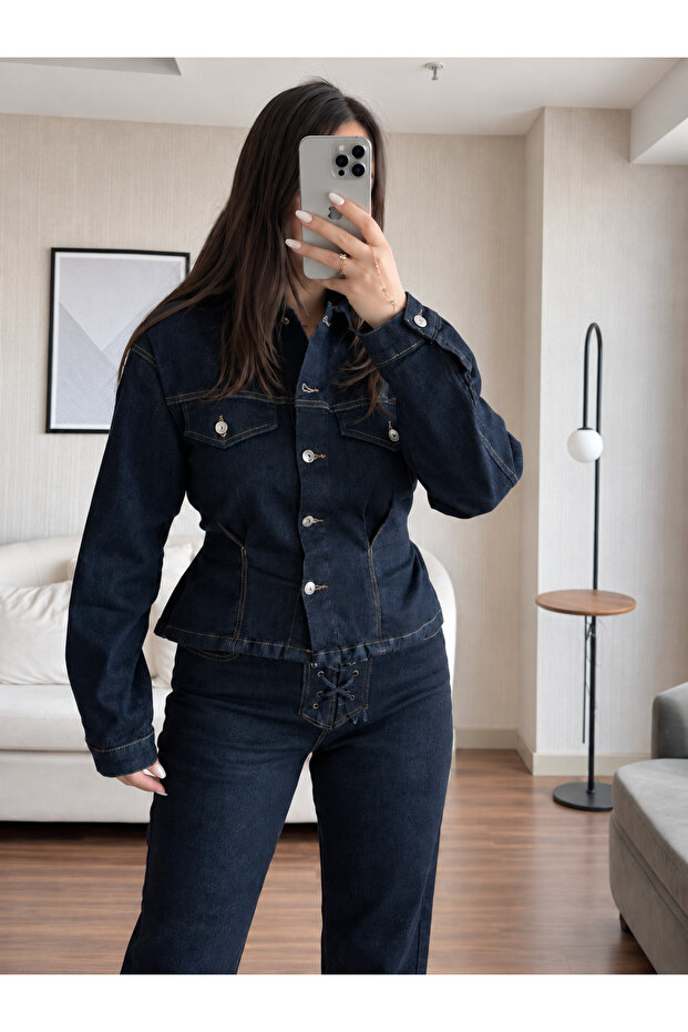 Navy Blue Waist-Slit Jacket and Trousers Denim Set