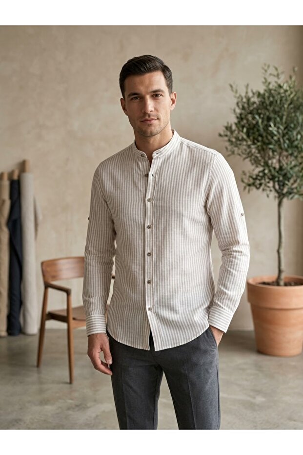 Men's Slim Fit Long Sleeve Linen Striped Judge Collar Shirt