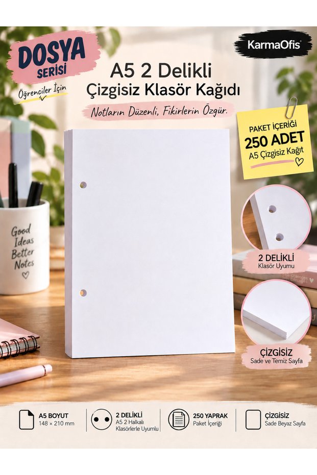 A5 2-Hole Unlined Folder Paper – Compatible with 2-Ring Binder, 250 Sheets Option