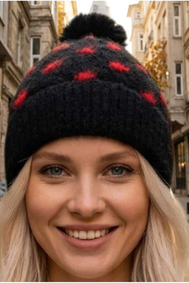 Women's Polka Dot Patterned Pompom Knitted Knitwear Winter Beanie