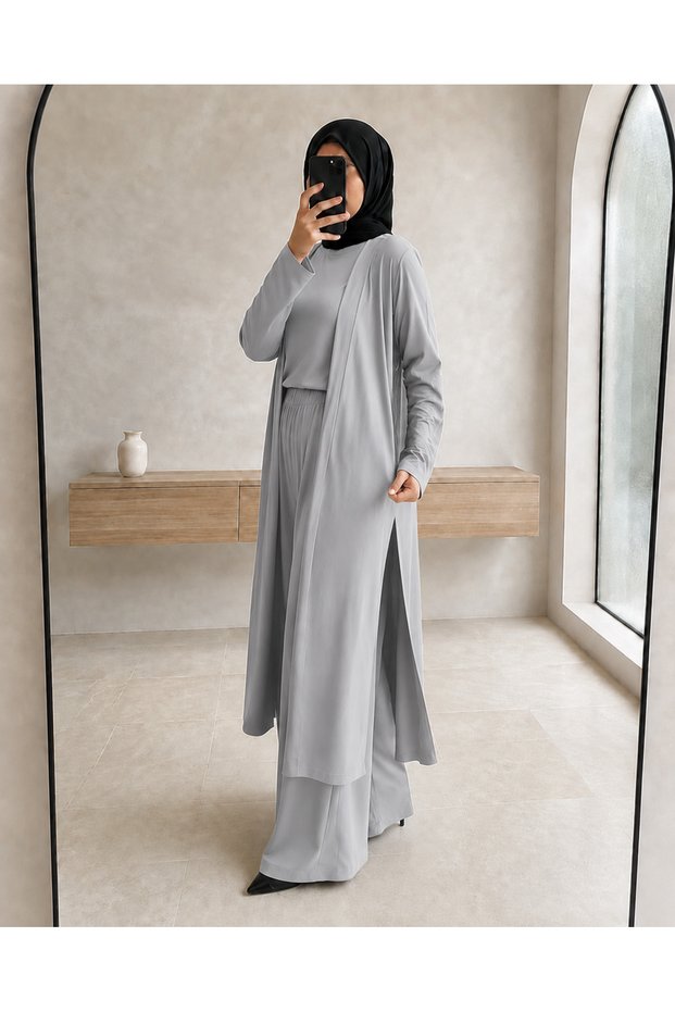Ala Women's Islamic Clothing Triple Viscose Set – Long Slit Cardigan, Tunic, and Palazzo Pants