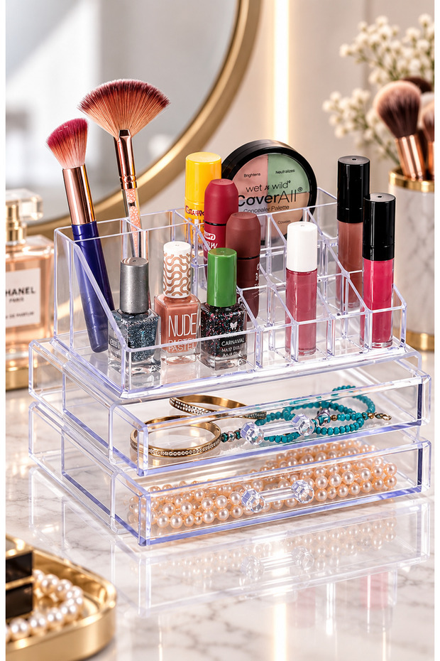 Transparent Makeup Organizer with 2 Drawers Multi-Compartment Cosmetic and Jewelry Organizer Desktop Makeup Box