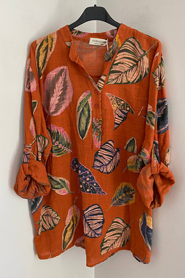 Women's Italian Leaf Patterned Pocketed Folded Sleeve 100% Cotton Shirt Blouse