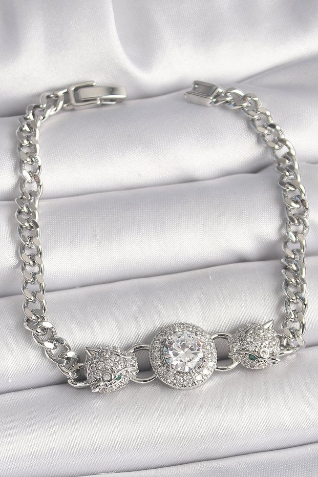 Brass Silver Color Zircon Stone Leopard Figure Chain Model Women's Bracelet Tj-Bb6829