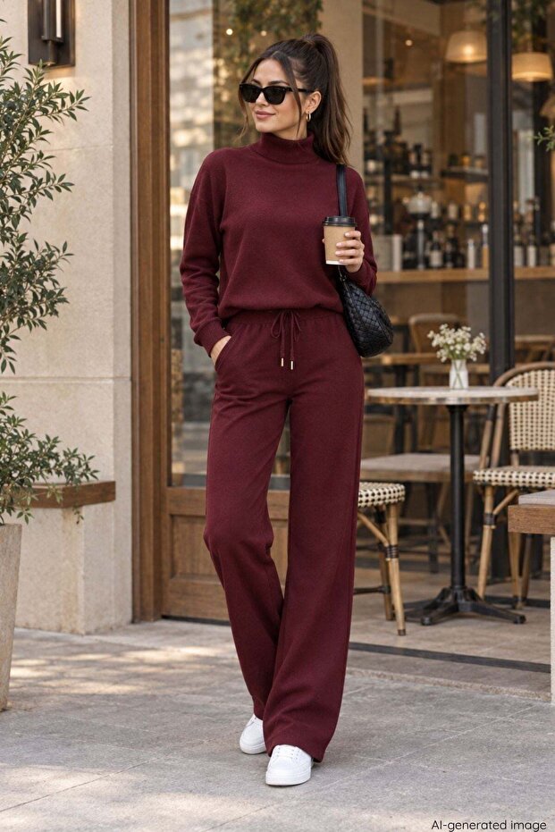 Turtleneck Viscose Two-Thread Set - Burgundy