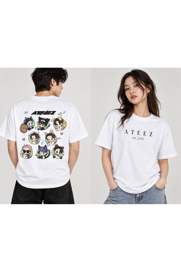 Ateez Chibi Characters Est. 2018 White Regular Fit Unisex T-Shirt