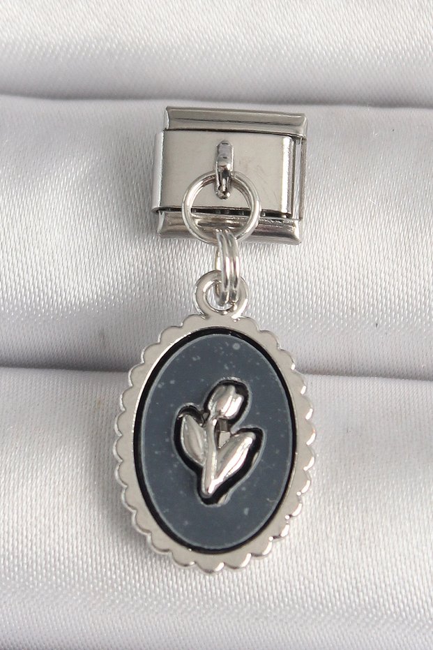 316L Steel Silver Color Flower Embroidered Black Portrait Model Nomination Charm Tj-Bc1215