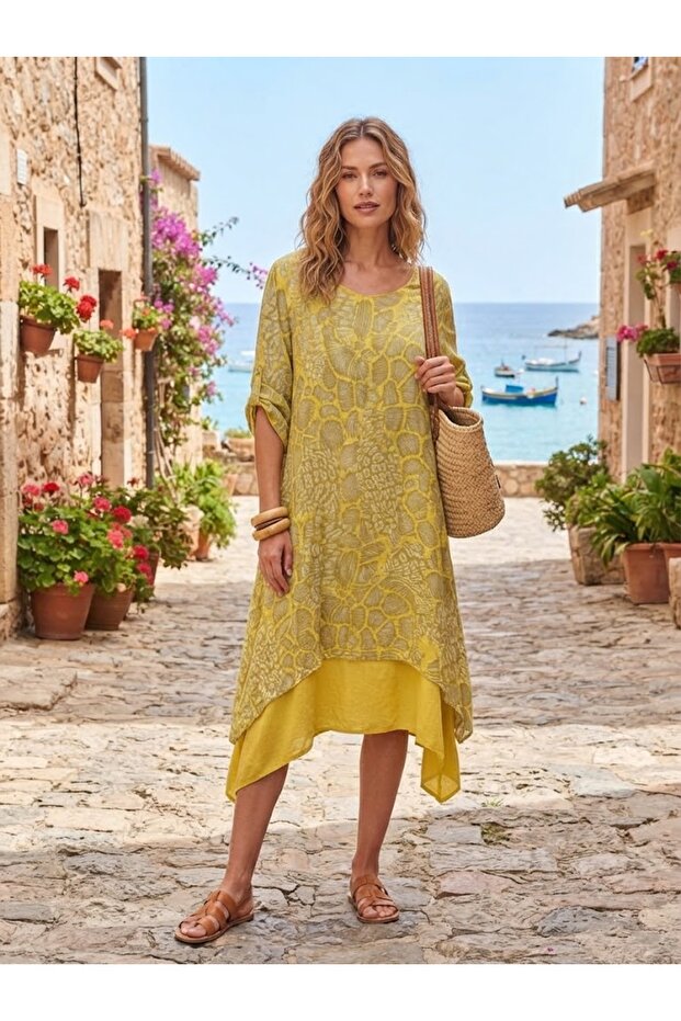Women's Italian Leopard Patterned 3/4 Sleeve 100% Cotton Midi Dress