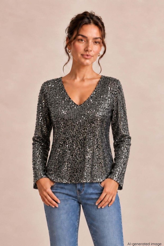 Long Sleeve Sequined Blouse - Black