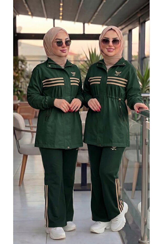 Stripe Detailed Drawstring Black Hijab Tracksuit Set