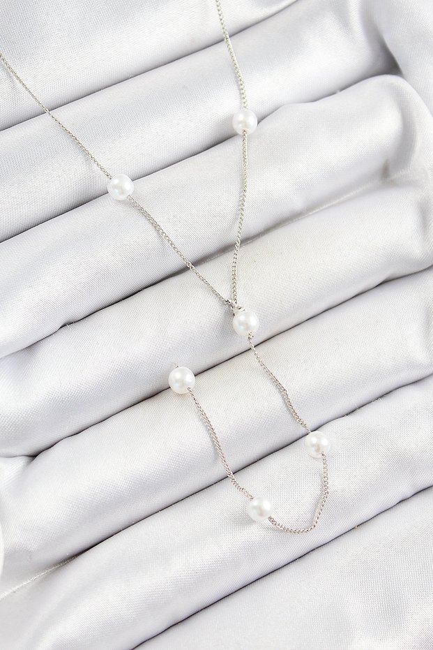 Brass Pearl Figured Y Model Silver Color Women's Necklace Tj-Bko10337