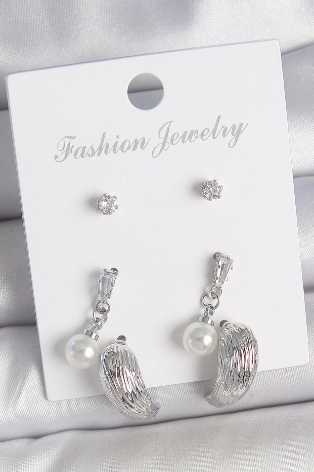 Brass Silver Color Dangle Zircon Stone Drop Model 3 Pairs Women's Earring Set Tj-Bkp10593