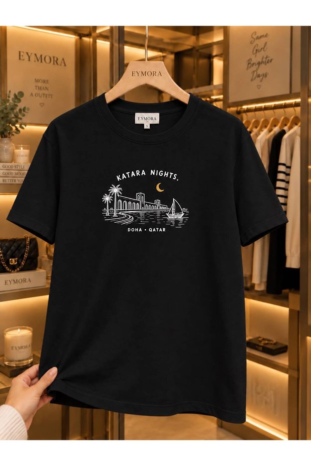 Qatar Nights Doha Printed Black Unisex T-Shirt – Qatar Night City and Sailboat Design