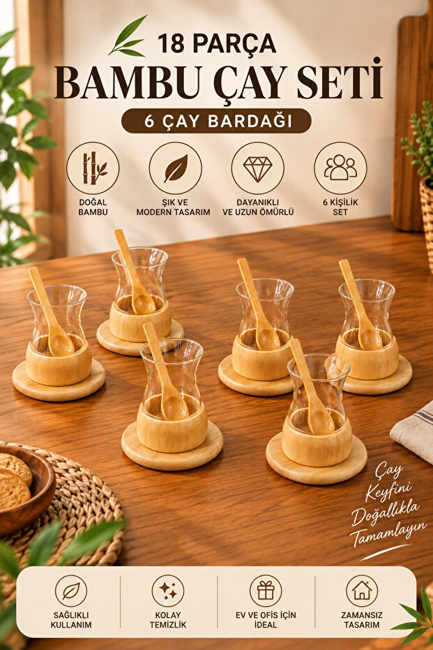 18 Piece Bamboo Tea Set for 6 People Glass Tea Cup Bamboo Coaster and Spoon Set