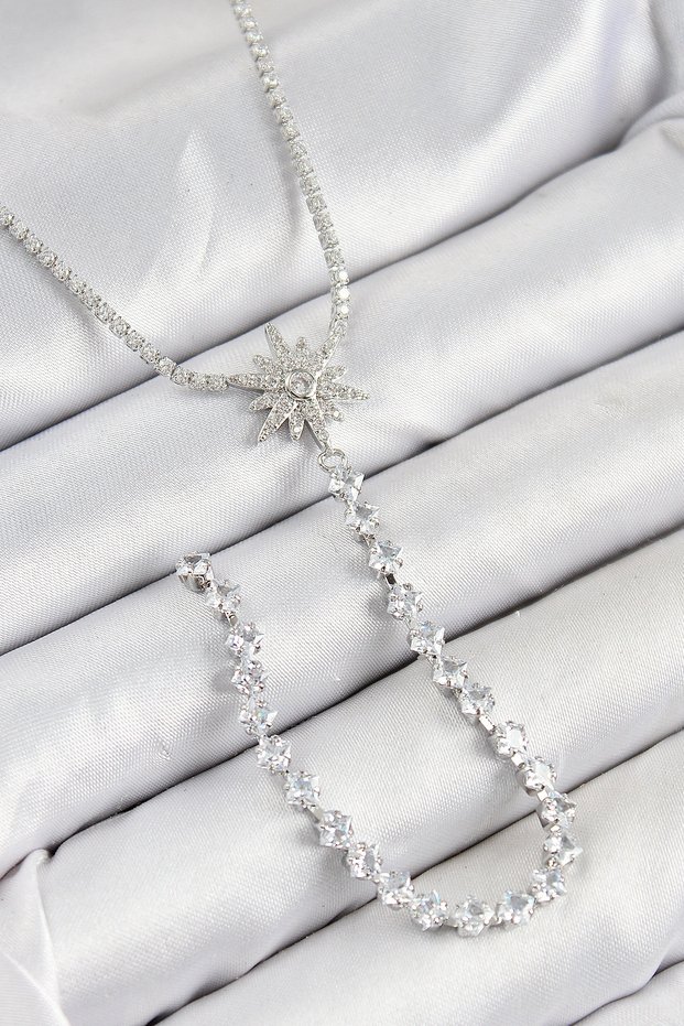 Brass Zircon Stone Pole Star Model Gold Color Y Necklace Tj-Bko10449