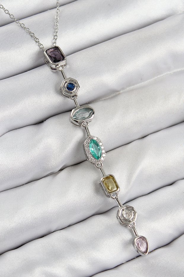 Brass Colorful Zircon Stone Model Silver Color 7 Elements Women's Y Necklace Tj-Bko10440