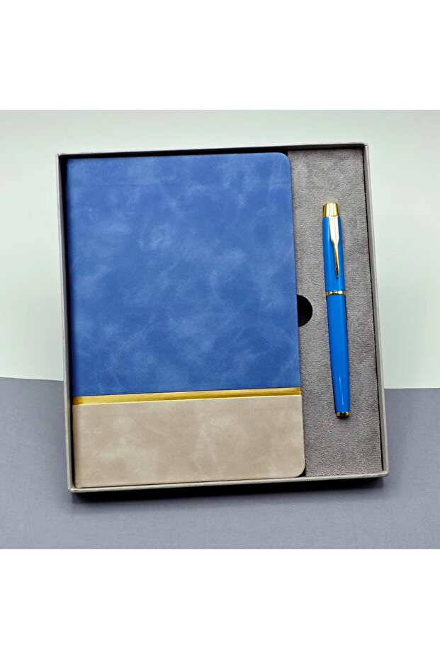 Blue Notebook and Pen Set with Gold Stripe