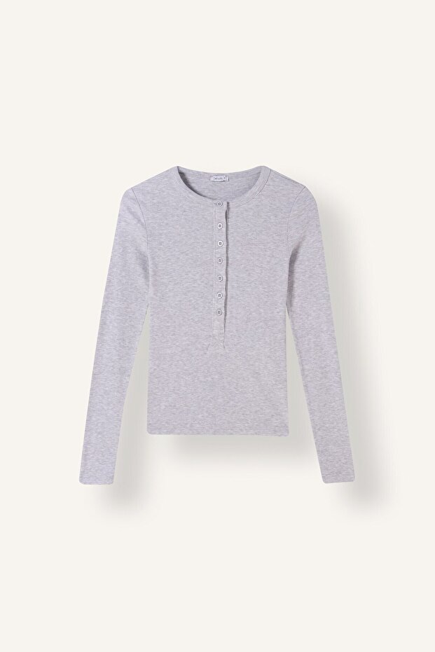 Fitted Ribbed Half-Button Long Sleeve Basic T-Shirt I6397Ax26Au