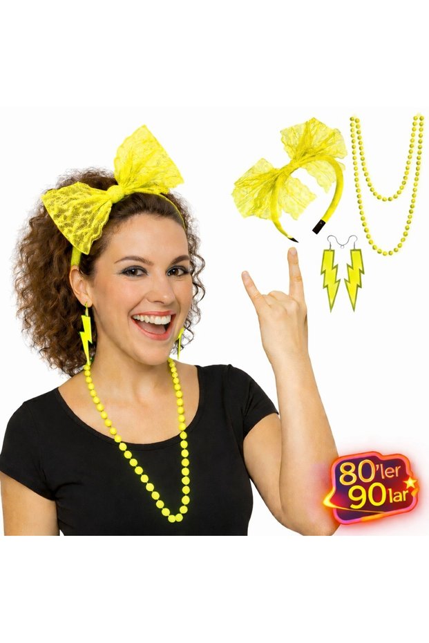 80S 90S Neon Yellow Party Set – Necklace Earrings Crown