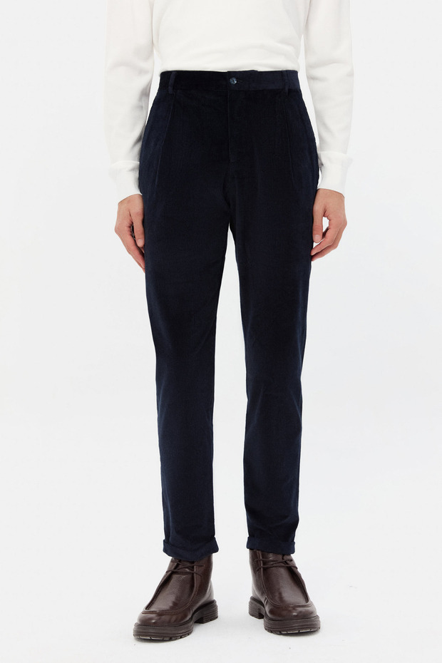 Ds Damat Relaxed Fit Navy Blue Corduroy Fabric Trousers