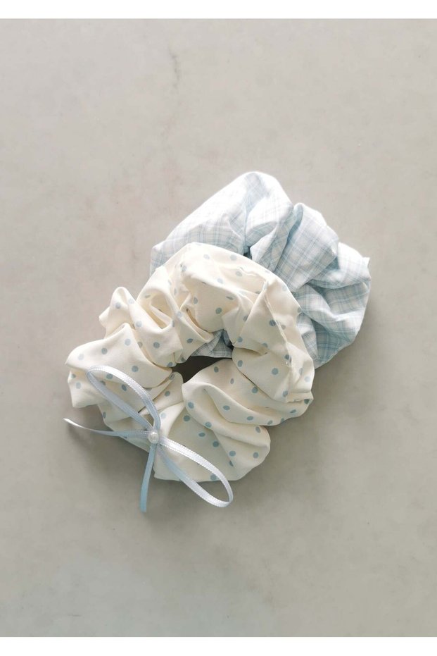 Blue Polka Dot Bow Detail and Plaid Double Elastic Bagel Buckle Set