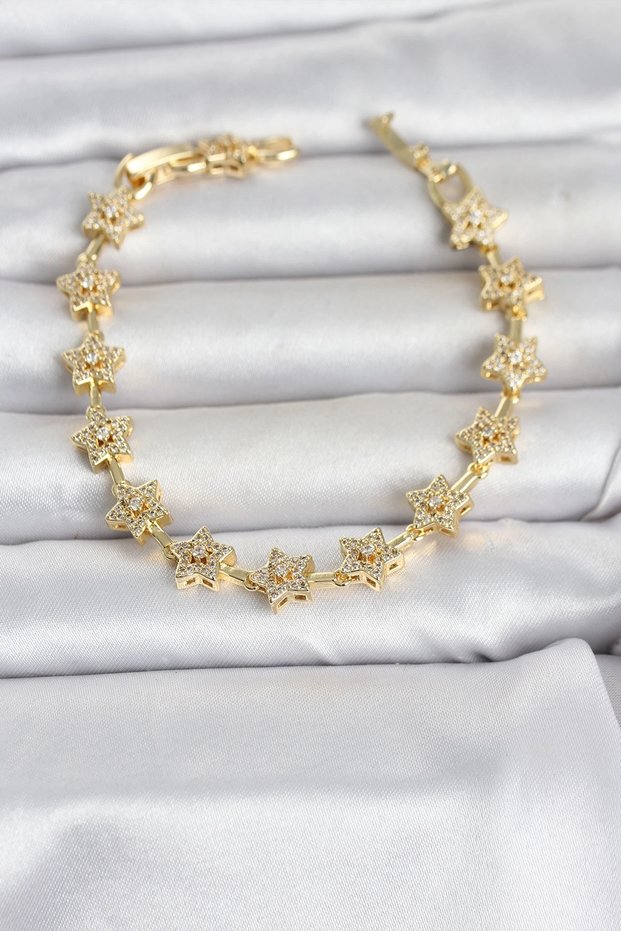 Brass Gold Color Zircon Stone Row Star Model Women's Bracelet Tj-Bb8493