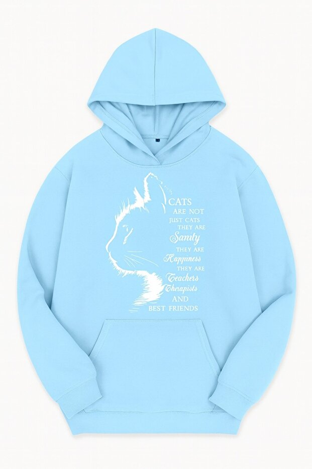 Unisex Oversize 3 Thread Raster Printed Hooded Sweatshirt with Kangaroo Pocket "Cat Silhouette and'Cats Are Not Just Cats' Text"