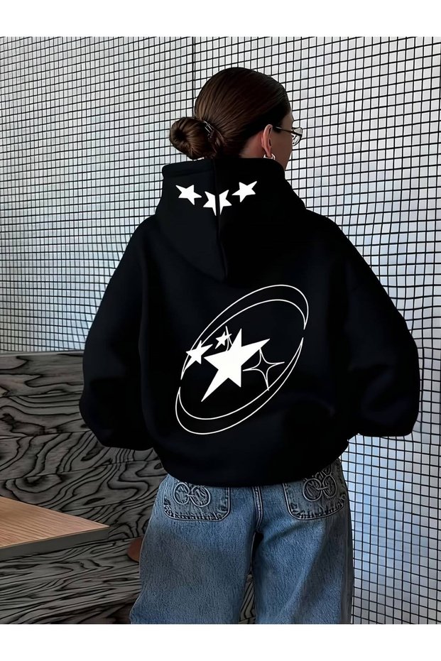 Unisex Oversize 3 Thread Raster Printed Hooded Sweatshirt with "Rings and Stars Motif, Hood Detail" and Kangaroo Pocket