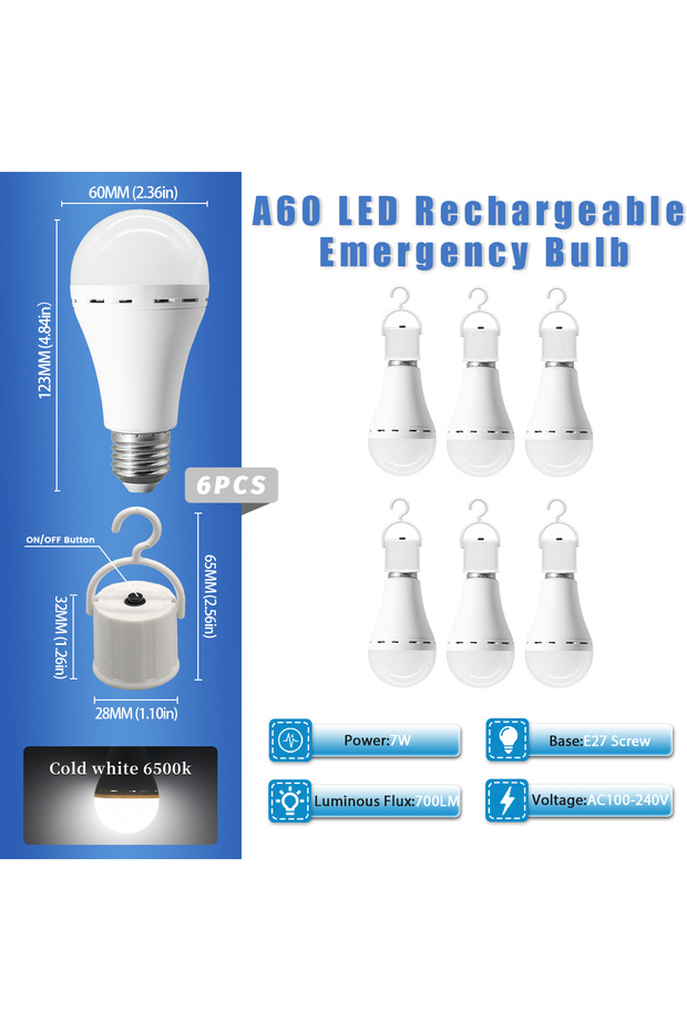 AC100-240V 7W 6pcs 1-10PCS A60LED Rechargeable Bulb Light E27 7W Emergency Bulb AC100-240V for Home