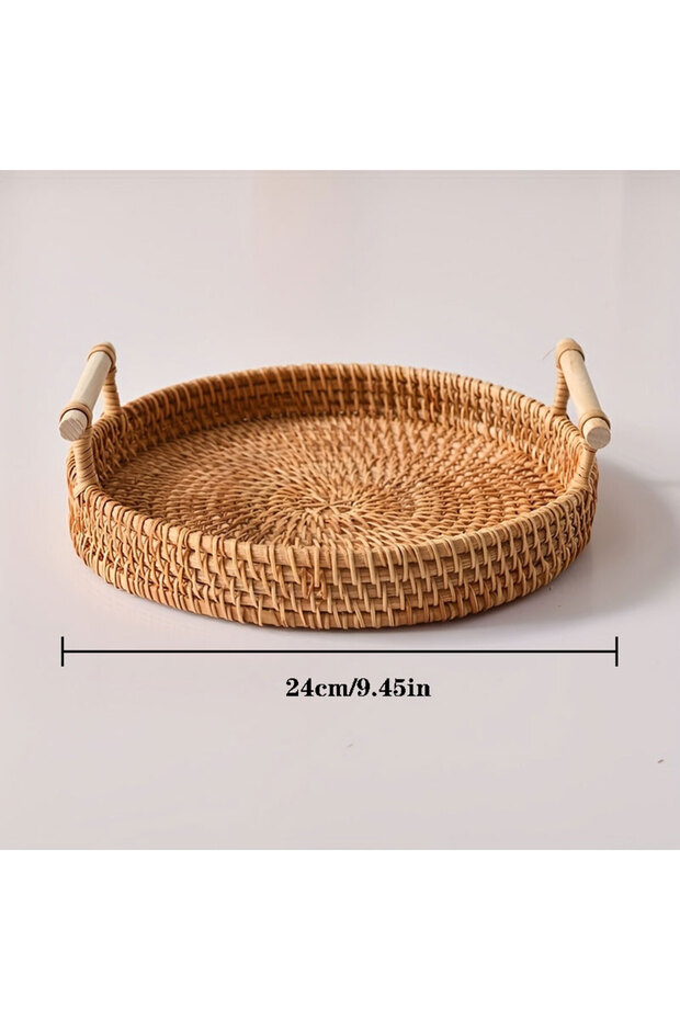 Natural Brown 24cm Handwoven Rattan Tray & Food Storage Basket | Eco-Friendly Kitchen Organizer with
