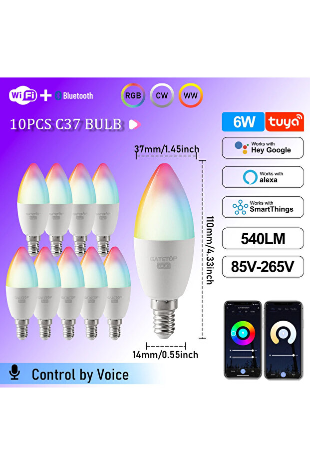 6w 10PCS 1-10PCS LED Candle Tuya Bulb WiFi E14 Smart RGB CW AC 85-265V 6W LED Lamp C37 Bulbs App Voi