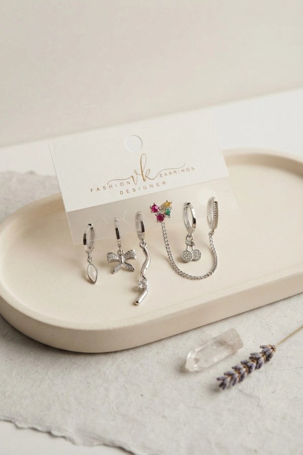 Silver Color Brass Zircon Stone Cherry Detailed 6-Piece Earring Set Combination Tj-Bkp12141