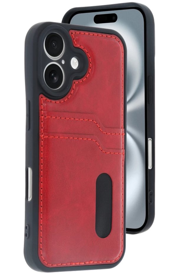 Apple iPhone 16 Compatible Case Sara Leather Case with Business Card Holder - Red