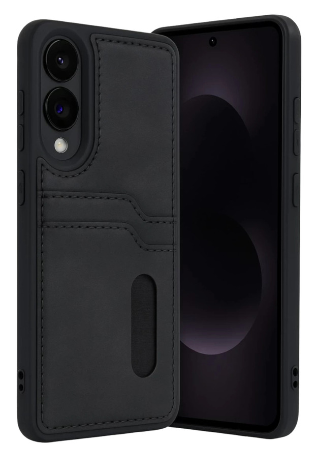 Samsung Galaxy S25 Compatible Edge Sara Leather Case with Business Card Holder - Black