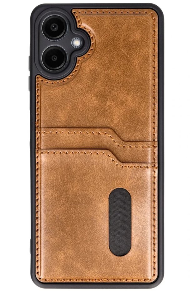 Samsung Galaxy A06 Compatible Case Sara Leather Case with Business Card Holder - Tan