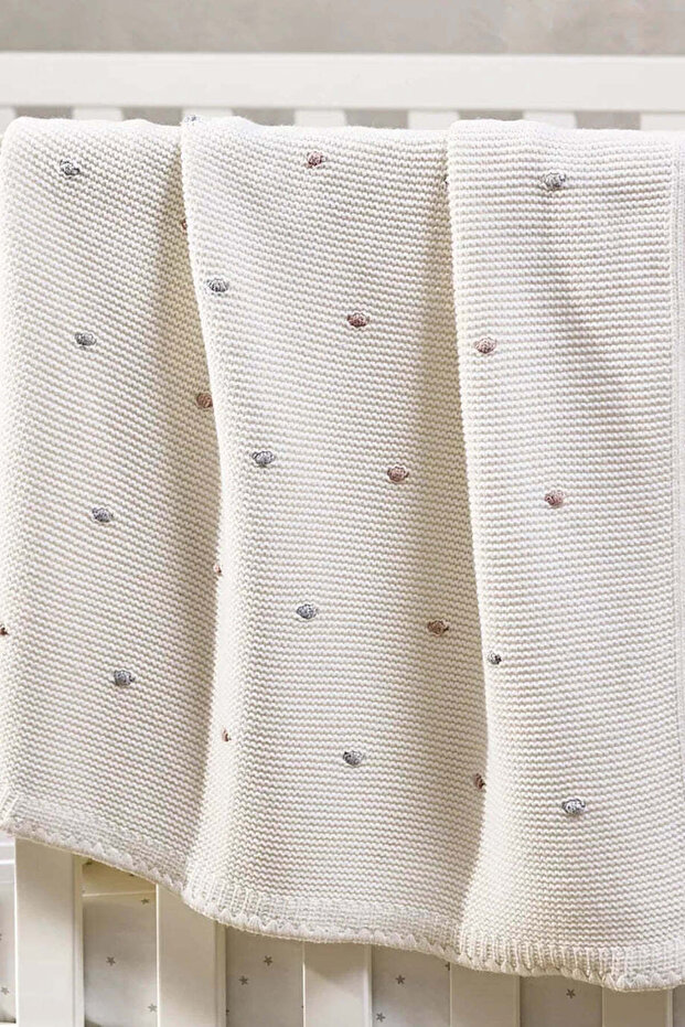Dot Embroidered Cotton Wool Baby Blanket - Cream, 75 X 100 cm